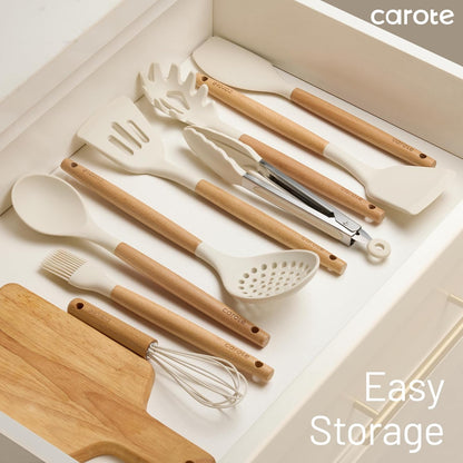 10-Piece Kitchen Utensils Set with Wood Cool-Touch Handles, Cream | Silicone Cooking Utensil, Food Grade, Nonstick Cookware Friendly, BPA-Free, Heat-Resistant, Everyday Home Essentials, Gifts