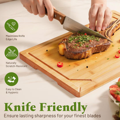 17”×11” Bamboo Cutting Boards for Kitchen, Healthy Wooden Cutting Boards for Kitchen, Charcuterie, Extra Large Chopping Boards with Deep Juice Groove, Fathers Day Gift for Men, Natural