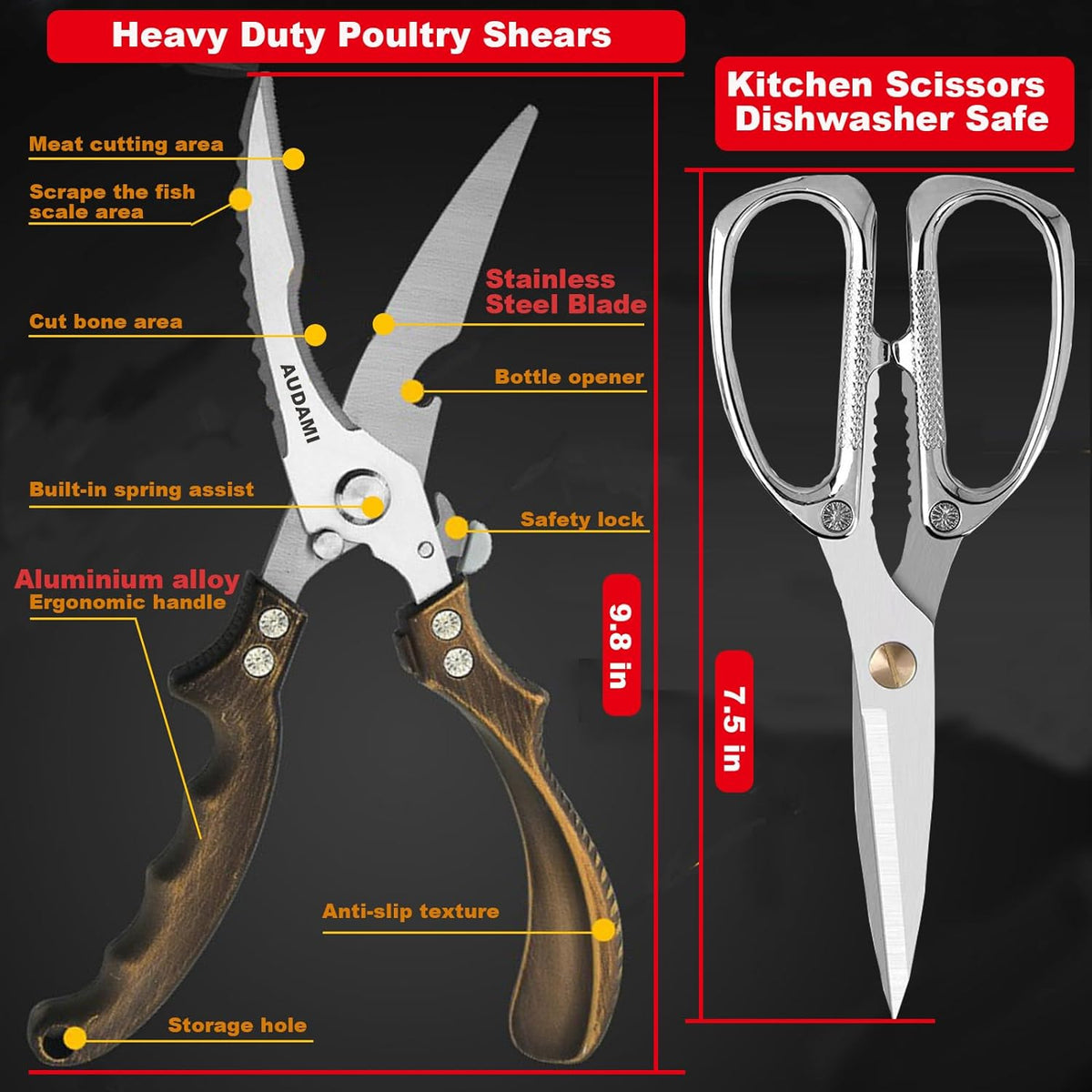 Premium Kitchen Shears 2-Pack Heavy Duty Poultry & Meat Scissors, Bone Shears for Cooking