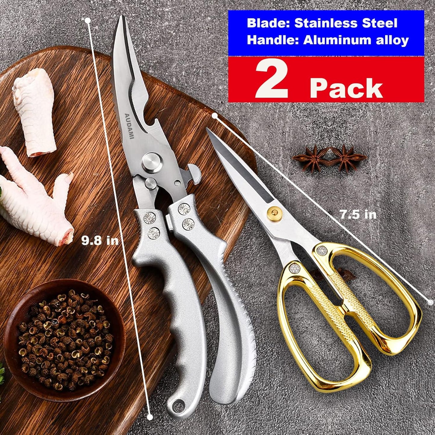 Premium Kitchen Shears 2-Pack Heavy Duty Poultry & Meat Scissors, Bone Shears for Cooking