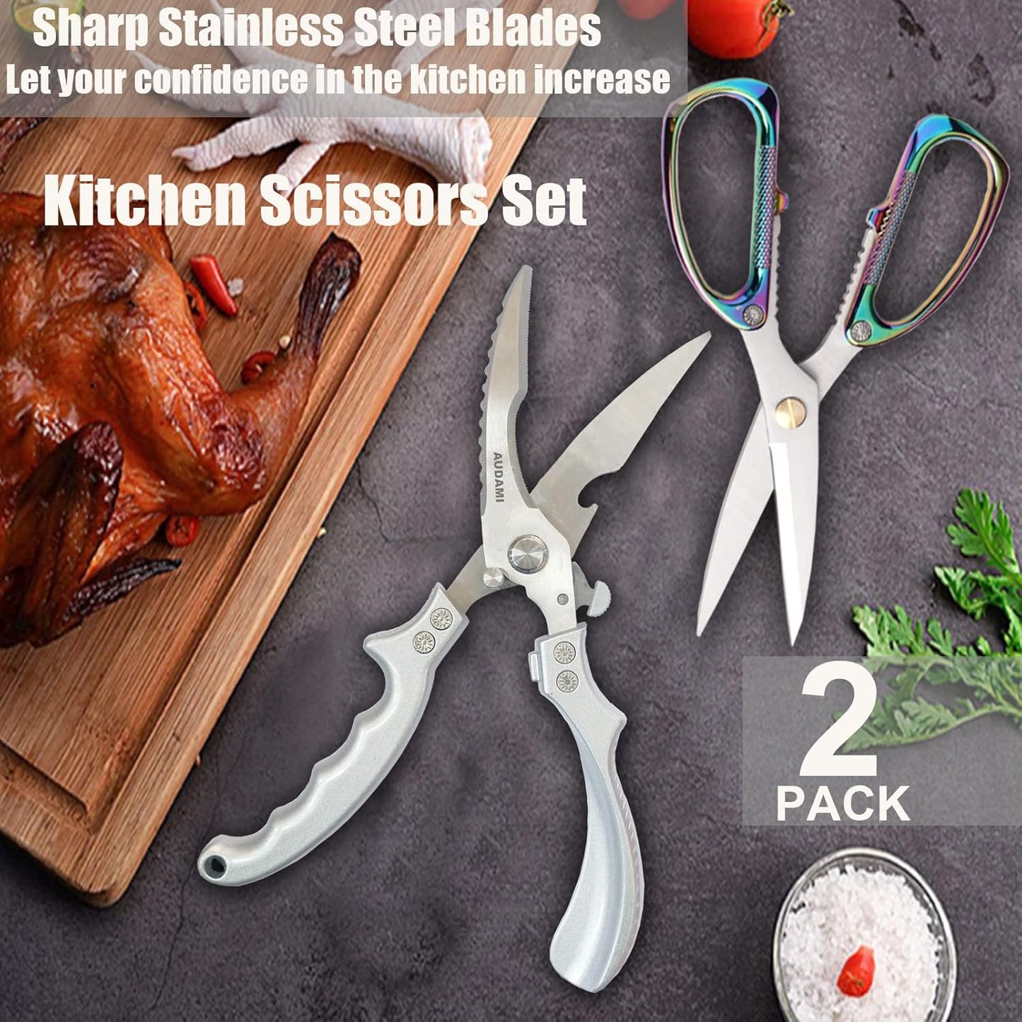 Premium Kitchen Shears 2-Pack Heavy Duty Poultry & Meat Scissors, Bone Shears for Cooking