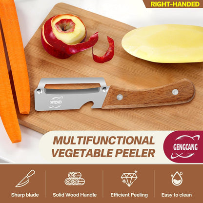 MultiFunctional Vegetable Peeler, Non-Slip Wooden Handle with Sharp Stainless Steel Blade, Built-in Bottle Opener - Perfect Kitchen Peeler For Veggie, Fruit, Potato, Carrot, Apple