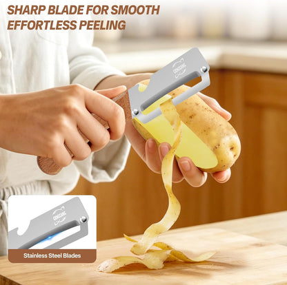 MultiFunctional Vegetable Peeler, Non-Slip Wooden Handle with Sharp Stainless Steel Blade, Built-in Bottle Opener - Perfect Kitchen Peeler For Veggie, Fruit, Potato, Carrot, Apple