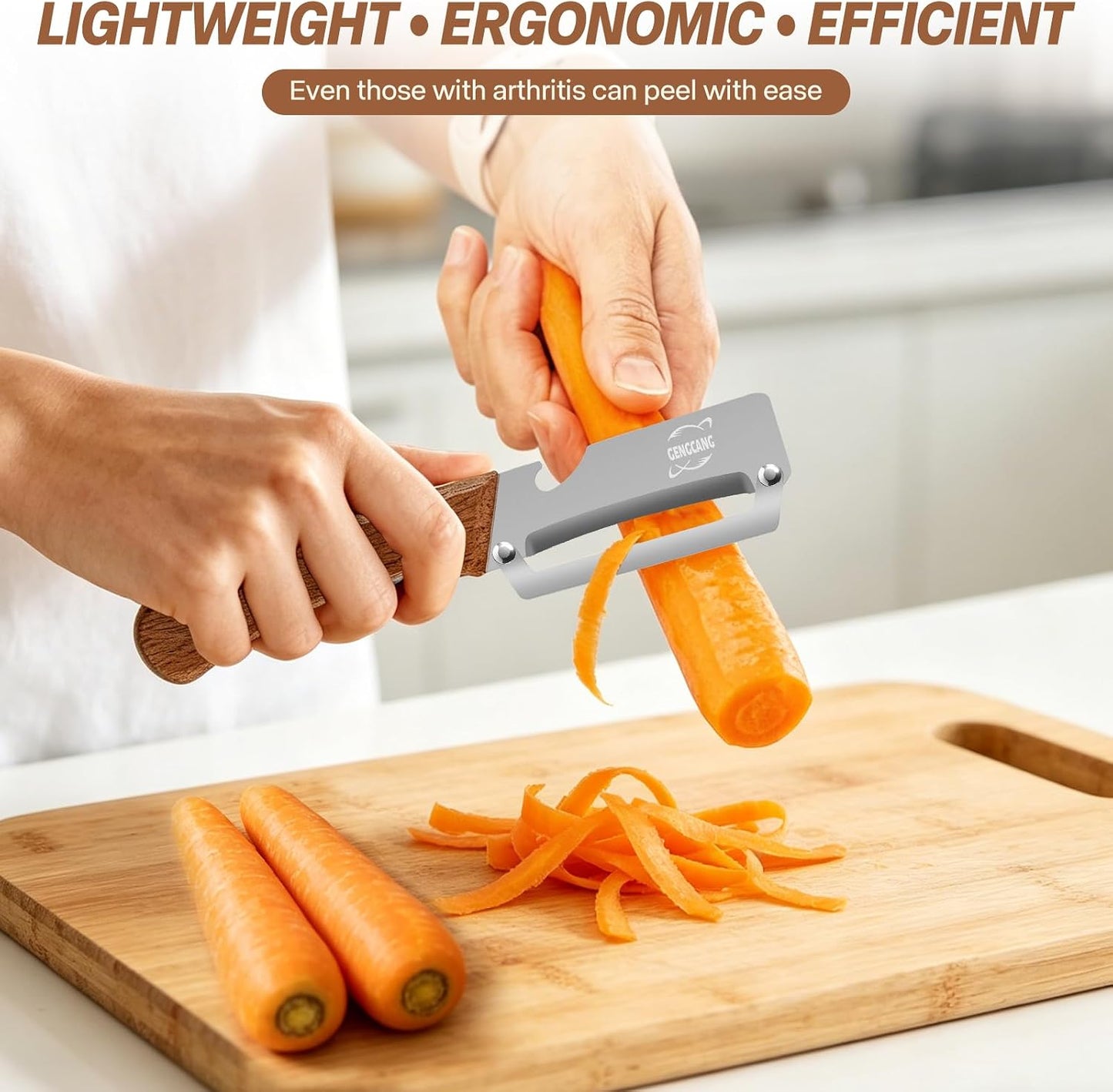 MultiFunctional Vegetable Peeler, Non-Slip Wooden Handle with Sharp Stainless Steel Blade, Built-in Bottle Opener - Perfect Kitchen Peeler For Veggie, Fruit, Potato, Carrot, Apple
