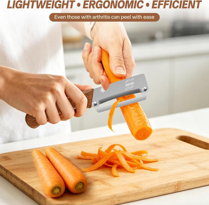 MultiFunctional Vegetable Peeler, Non-Slip Wooden Handle with Sharp Stainless Steel Blade, Built-in Bottle Opener - Perfect Kitchen Peeler For Veggie, Fruit, Potato, Carrot, Apple