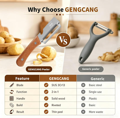 MultiFunctional Vegetable Peeler, Non-Slip Wooden Handle with Sharp Stainless Steel Blade, Built-in Bottle Opener - Perfect Kitchen Peeler For Veggie, Fruit, Potato, Carrot, Apple