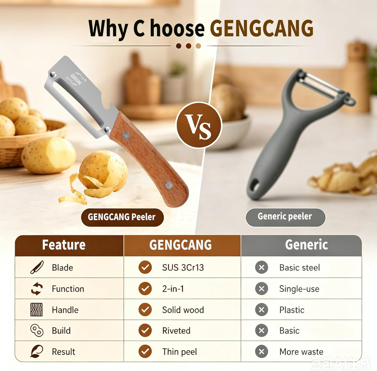 MultiFunctional Vegetable Peeler, Non-Slip Wooden Handle with Sharp Stainless Steel Blade, Built-in Bottle Opener - Perfect Kitchen Peeler For Veggie, Fruit, Potato, Carrot, Apple
