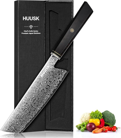 Huusk Damascus Nakiri Knife 7 Inch, Japanese Chopping Chef Knives | Sharp Vegetable Cleaver with Ergonomic Wood Handle, VG10 High-carbon Steel, Birthday Gifts for Men Women