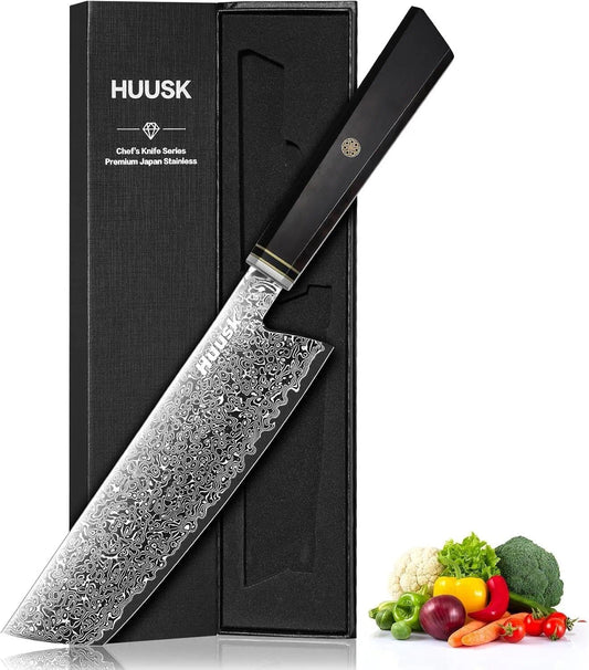 Huusk Damascus Nakiri Knife 7 Inch, Japanese Chopping Chef Knives | Sharp Vegetable Cleaver with Ergonomic Wood Handle, VG10 High-carbon Steel, Birthday Gifts for Men Women