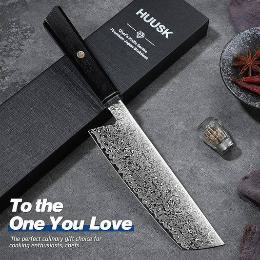 Huusk Damascus Nakiri Knife 7 Inch, Japanese Chopping Chef Knives | Sharp Vegetable Cleaver with Ergonomic Wood Handle, VG10 High-carbon Steel, Birthday Gifts for Men Women