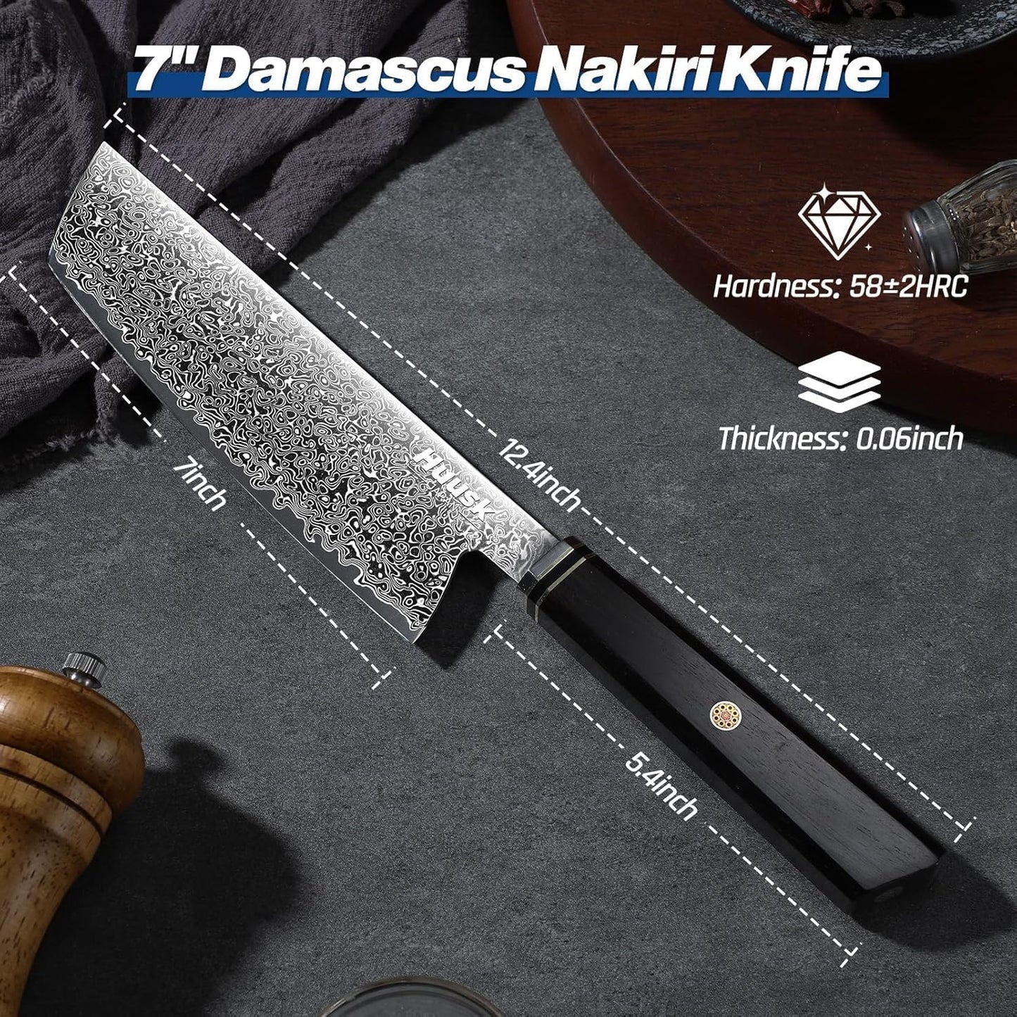 Huusk Damascus Nakiri Knife 7 Inch, Japanese Chopping Chef Knives | Sharp Vegetable Cleaver with Ergonomic Wood Handle, VG10 High-carbon Steel, Birthday Gifts for Men Women