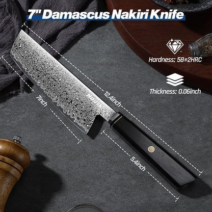 Huusk Damascus Nakiri Knife 7 Inch, Japanese Chopping Chef Knives | Sharp Vegetable Cleaver with Ergonomic Wood Handle, VG10 High-carbon Steel, Birthday Gifts for Men Women