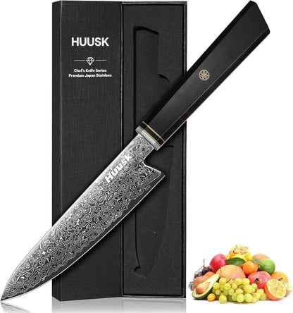 Huusk Damascus Nakiri Knife 7 Inch, Japanese Chopping Chef Knives | Sharp Vegetable Cleaver with Ergonomic Wood Handle, VG10 High-carbon Steel, Birthday Gifts for Men Women