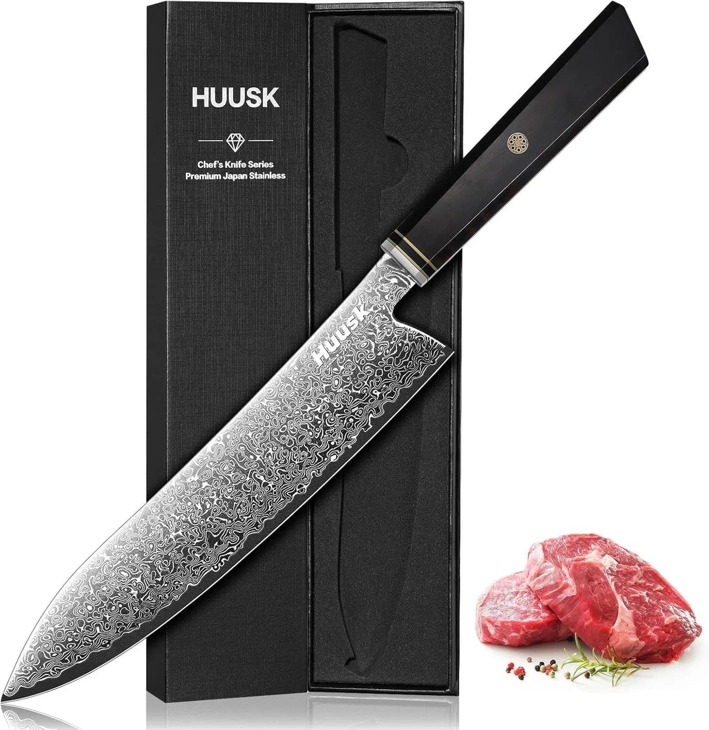 Huusk Damascus Nakiri Knife 7 Inch, Japanese Chopping Chef Knives | Sharp Vegetable Cleaver with Ergonomic Wood Handle, VG10 High-carbon Steel, Birthday Gifts for Men Women