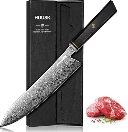 Huusk Damascus Nakiri Knife 7 Inch, Japanese Chopping Chef Knives | Sharp Vegetable Cleaver with Ergonomic Wood Handle, VG10 High-carbon Steel, Birthday Gifts for Men Women