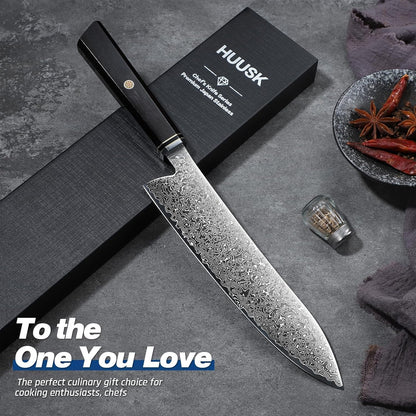 Huusk Damascus Nakiri Knife 7 Inch, Japanese Chopping Chef Knives | Sharp Vegetable Cleaver with Ergonomic Wood Handle, VG10 High-carbon Steel, Birthday Gifts for Men Women