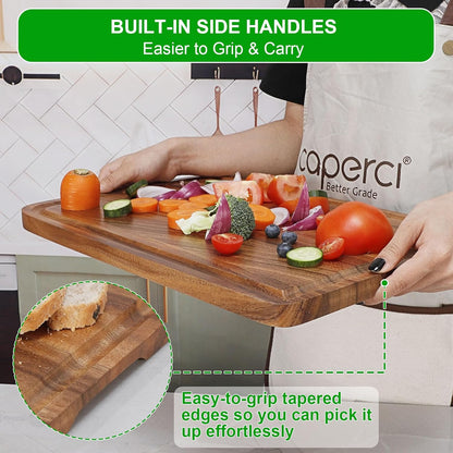 Acacia Wood Cutting Board for Kitchen - Organic Wooden Chopping Serving Board with Deep Juice Groove for Meat (Butcher Block) Veggies, Fruit and Cheese, 17 x 12"