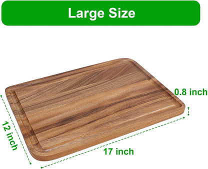 Acacia Wood Cutting Board for Kitchen - Organic Wooden Chopping Serving Board with Deep Juice Groove for Meat (Butcher Block) Veggies, Fruit and Cheese, 17 x 12"