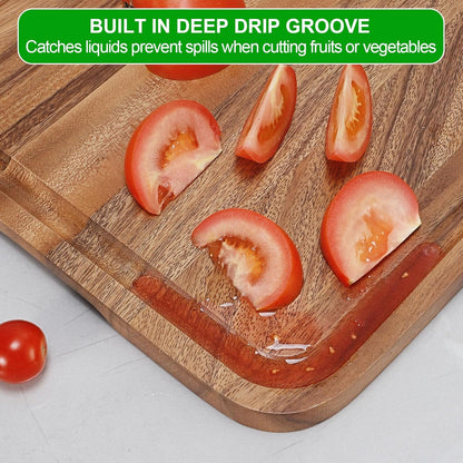 Acacia Wood Cutting Board for Kitchen - Organic Wooden Chopping Serving Board with Deep Juice Groove for Meat (Butcher Block) Veggies, Fruit and Cheese, 17 x 12"