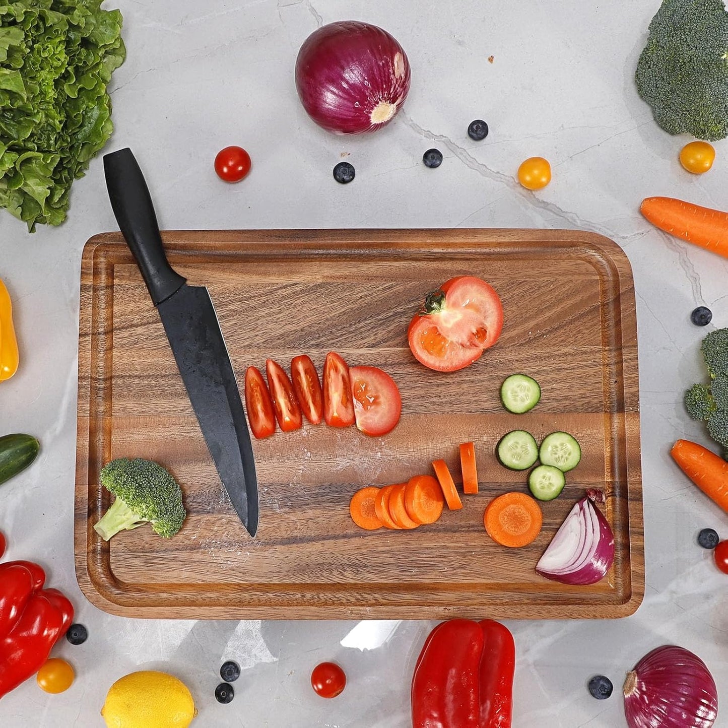 Acacia Wood Cutting Board for Kitchen - Organic Wooden Chopping Serving Board with Deep Juice Groove for Meat (Butcher Block) Veggies, Fruit and Cheese, 17 x 12"