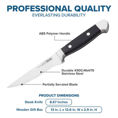 Steak Knife Set, 8 Piece Stainless Steel Knives with ABS Polymer Handles and Wooden Box, Hand Wash Only, Black