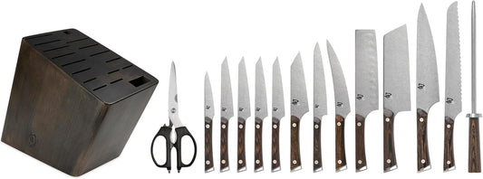 Kanso 15 Piece Block Set | Includes 8" Chef's, 9” Bread, 6.5” Nakiri, 6.25” Boning Fillet Knife & More, AUS10A Stainless Steel Blades, Tagayasan Handle