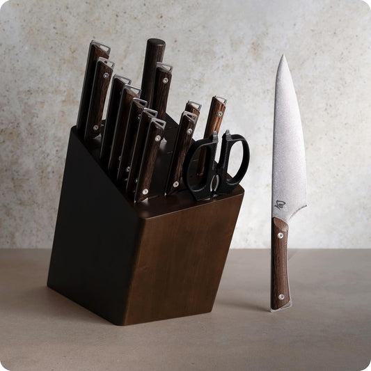 Kanso 15 Piece Block Set | Includes 8" Chef's, 9” Bread, 6.5” Nakiri, 6.25” Boning Fillet Knife & More, AUS10A Stainless Steel Blades, Tagayasan Handle