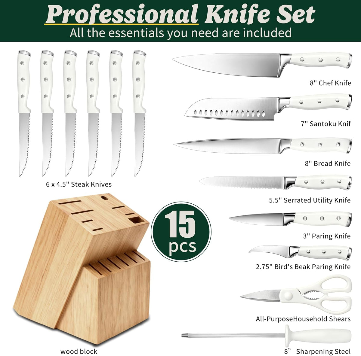 Knife Set, 15 Piece Premium Chef High Carbon Stainless Steel Kitchen Knife Block Set, Razor-sharp, Ergonomic Forged Triple Rivet Handle, Professional Knife Set for Kitchen, Dishwasher Safe(White)