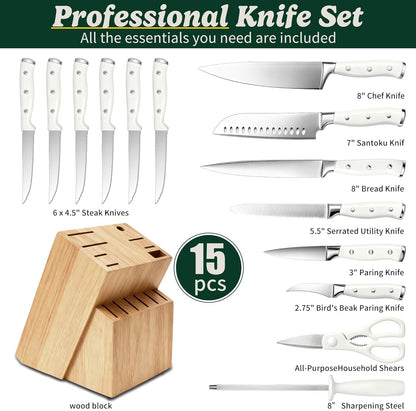Knife Set, 15 Piece Premium Chef High Carbon Stainless Steel Kitchen Knife Block Set, Razor-sharp, Ergonomic Forged Triple Rivet Handle, Professional Knife Set for Kitchen, Dishwasher Safe(White)