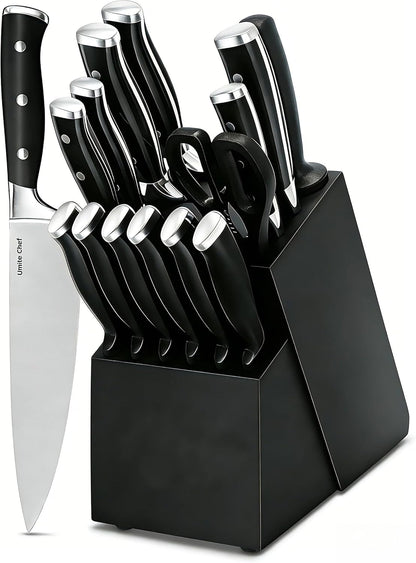 Knife Set, 15 Piece Premium Chef High Carbon Stainless Steel Kitchen Knife Block Set, Razor-sharp, Ergonomic Forged Triple Rivet Handle, Professional Knife Set for Kitchen, Dishwasher Safe(White)