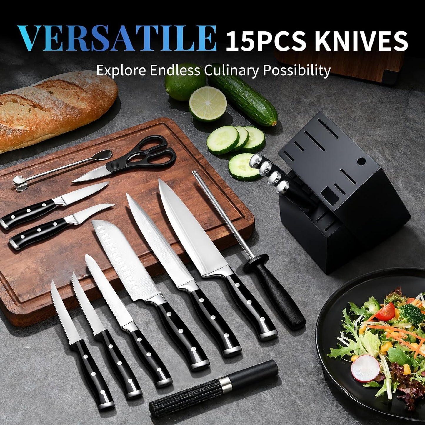 Knife Set, 15 Piece Premium Chef High Carbon Stainless Steel Kitchen Knife Block Set, Razor-sharp, Ergonomic Forged Triple Rivet Handle, Professional Knife Set for Kitchen, Dishwasher Safe(White)