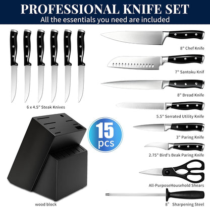 Knife Set, 15 Piece Premium Chef High Carbon Stainless Steel Kitchen Knife Block Set, Razor-sharp, Ergonomic Forged Triple Rivet Handle, Professional Knife Set for Kitchen, Dishwasher Safe(White)