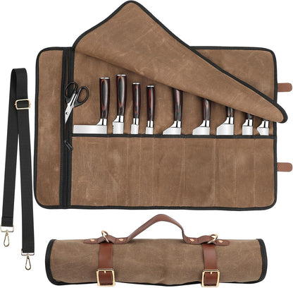 Knife Roll with Leather Straps and Metal Buckles, Double Layer Waxed Canvas Knife Bag, Large Chef Knife Bag with Handle and Shoulder Strap