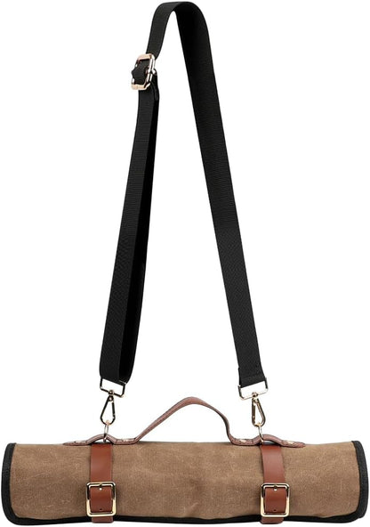 Knife Roll with Leather Straps and Metal Buckles, Double Layer Waxed Canvas Knife Bag, Large Chef Knife Bag with Handle and Shoulder Strap