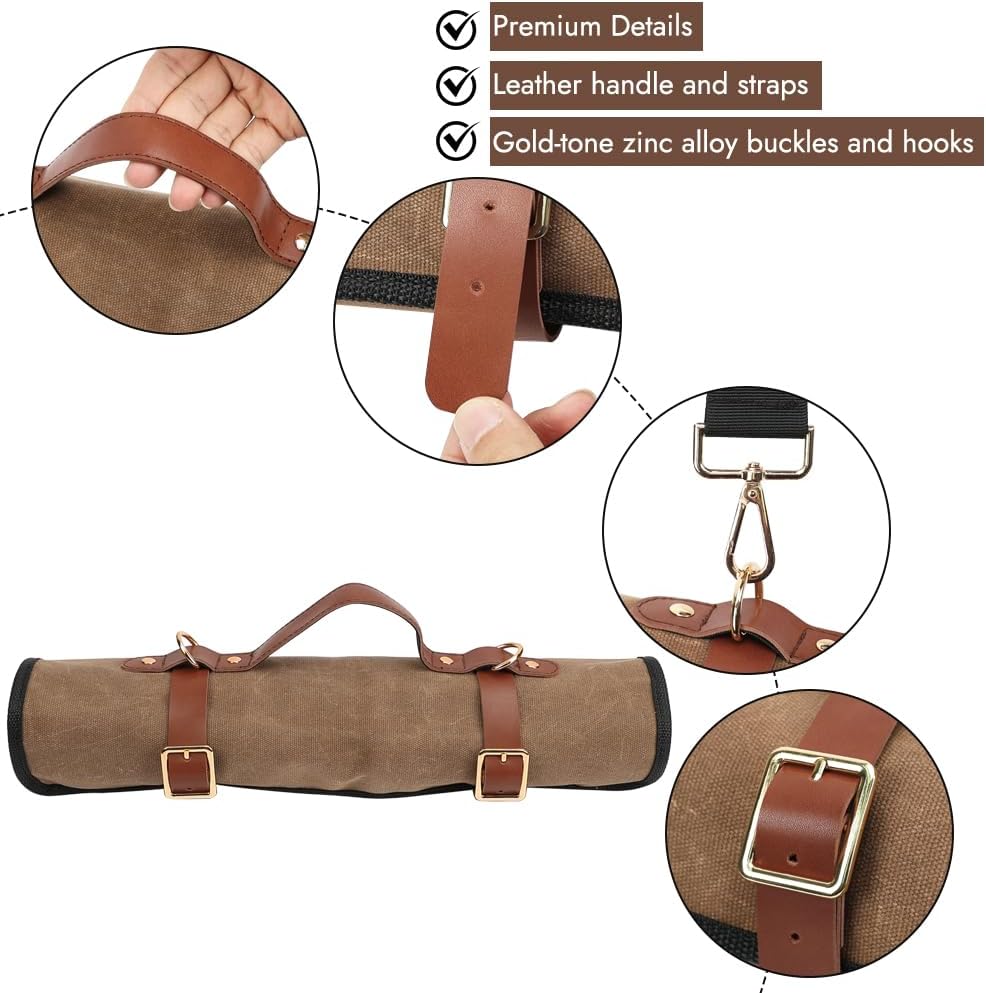 Knife Roll with Leather Straps and Metal Buckles, Double Layer Waxed Canvas Knife Bag, Large Chef Knife Bag with Handle and Shoulder Strap