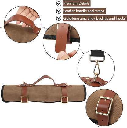 Knife Roll with Leather Straps and Metal Buckles, Double Layer Waxed Canvas Knife Bag, Large Chef Knife Bag with Handle and Shoulder Strap