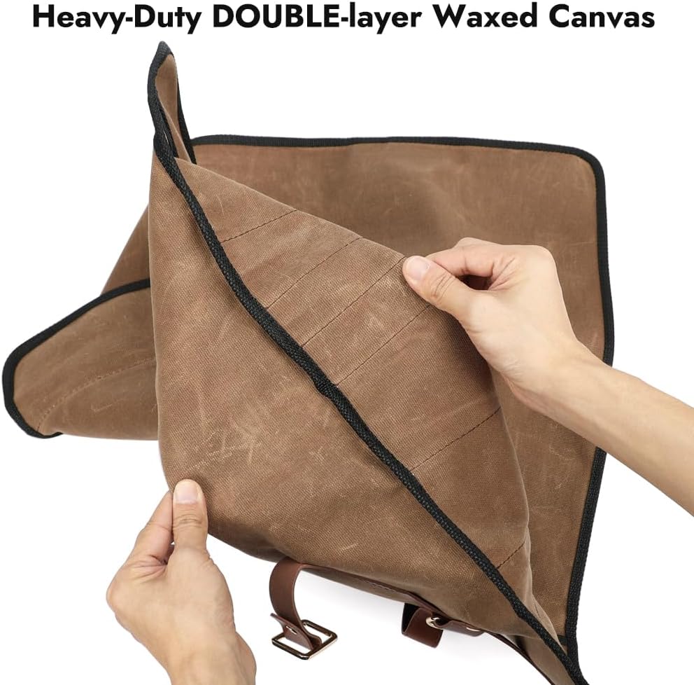 Knife Roll with Leather Straps and Metal Buckles, Double Layer Waxed Canvas Knife Bag, Large Chef Knife Bag with Handle and Shoulder Strap