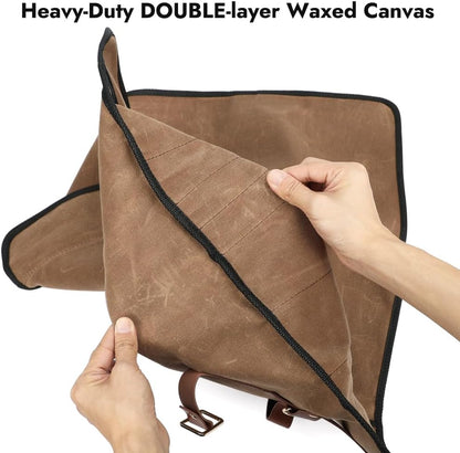 Knife Roll with Leather Straps and Metal Buckles, Double Layer Waxed Canvas Knife Bag, Large Chef Knife Bag with Handle and Shoulder Strap
