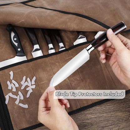 Knife Roll with Leather Straps and Metal Buckles, Double Layer Waxed Canvas Knife Bag, Large Chef Knife Bag with Handle and Shoulder Strap