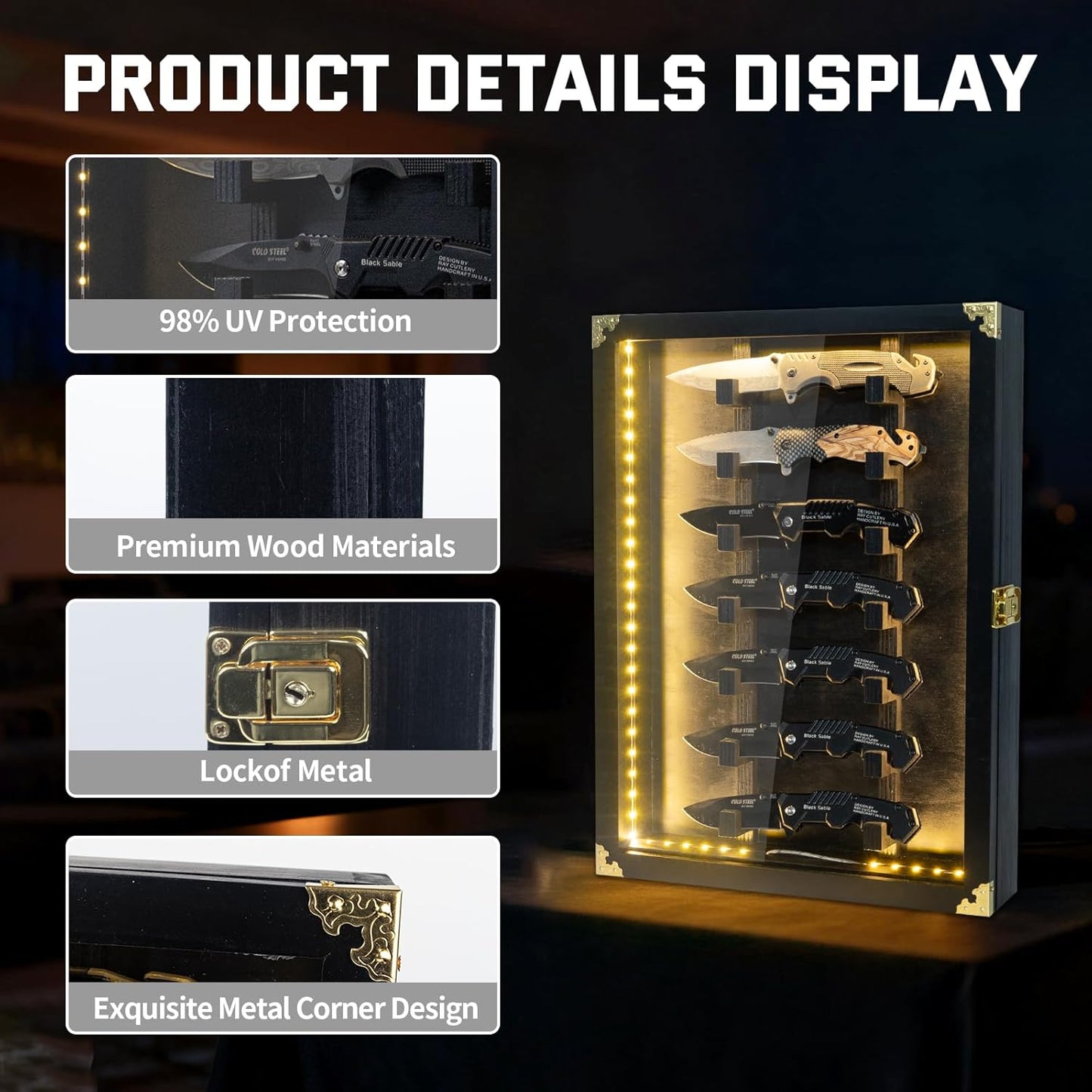 Wooden Knife Display Case, Pocket Knife Display Box with Lockable Clear Acrylic Door,Pocket Knife Display Cases for Storage, Collection, Holds up to 7 Knifes