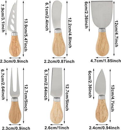 12 Pcs Wooden Handle Cheese Knives Set | Stainless Steel, Cheese Spreader, Cheese Cutter, Butter Knife, Cheese Slicer, Cheese Fork