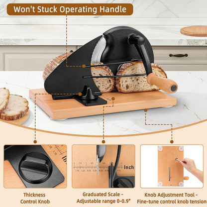 Upgraded Manual Bread Slicer for Homemade Sourdough Round with Cover | Adjustable Thickness Sourdough Bread Slicer, Bread Cutter with Hand Crank, Slicing Guide, Scale Line for Even Slices, Black