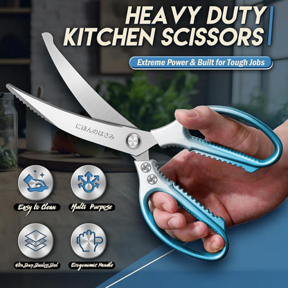 Kitchen Scissors Shears Set - 2PCS Stainless Steel Sharp | Dishwasher Safe, Heavy Duty Poultry Shears, Japanese Kitchen Cooking Scissor for Food, Chicken, Gifts, Blue