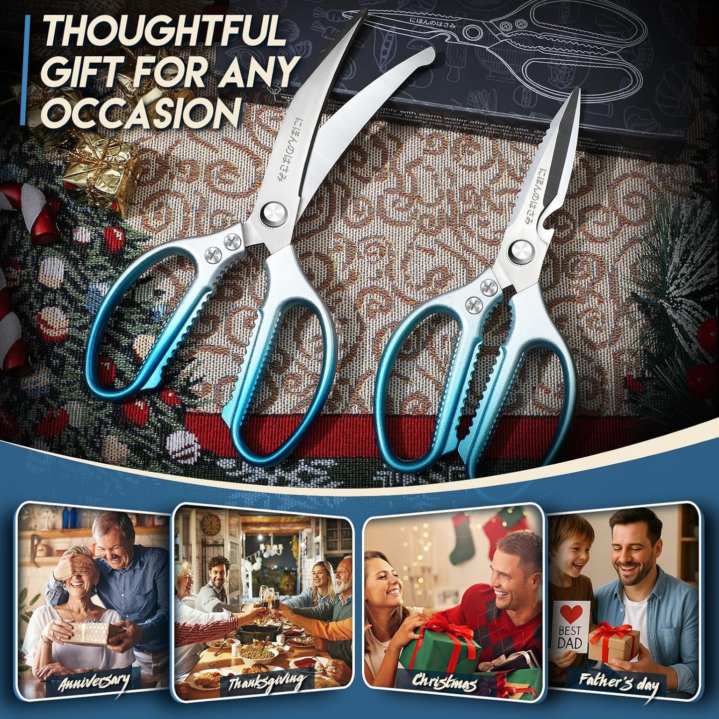 Kitchen Scissors Shears Set - 2PCS Stainless Steel Sharp | Dishwasher Safe, Heavy Duty Poultry Shears, Japanese Kitchen Cooking Scissor for Food, Chicken, Gifts, Blue