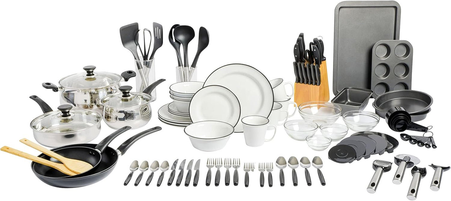 Gibson Home 74 Piece Kitchen in a Box Pots and Pans Cookware, Plates and Bowls Dinnerware, Cutlery Knife Block, Flatware Utensils, Tools & Gadgets, Storage, Glasses Set