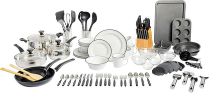 Gibson Home 74 Piece Kitchen in a Box Pots and Pans Cookware, Plates and Bowls Dinnerware, Cutlery Knife Block, Flatware Utensils, Tools & Gadgets, Storage, Glasses Set