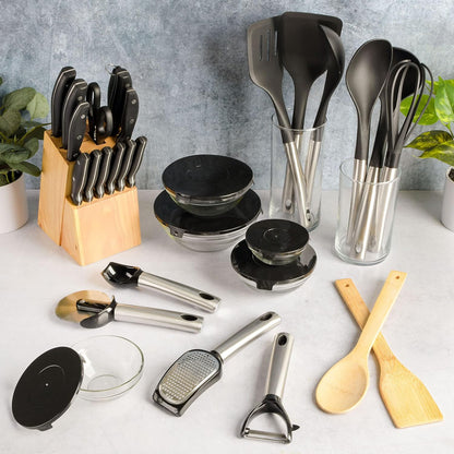 Gibson Home 74 Piece Kitchen in a Box Pots and Pans Cookware, Plates and Bowls Dinnerware, Cutlery Knife Block, Flatware Utensils, Tools & Gadgets, Storage, Glasses Set