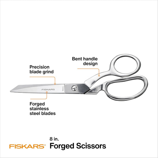 Forged Scissors - 8" Stainless Steel - Paper and Fabric Scissors for Office, Arts, and Crafts - Silver