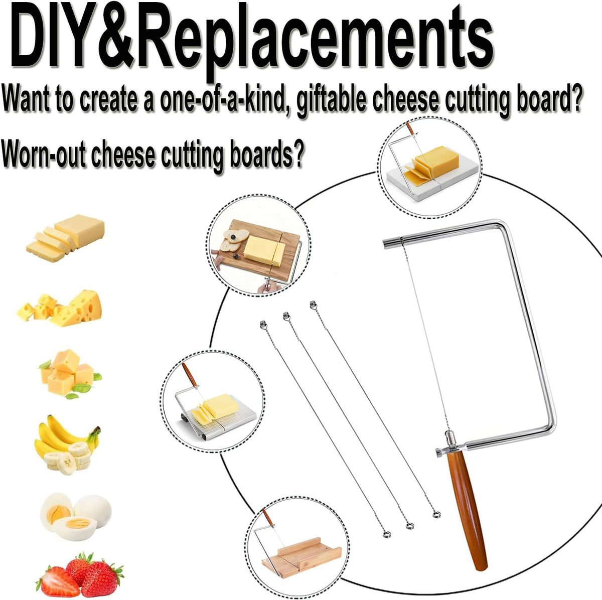 6in Cheese Slicer Kit Accessories Kitchen Knife Cheese Cutter Stainless Steel Components DIY for Making Giftable Cheese Cutting Boards with This Cheese Cutter Kit,Wire Cheese Slicer(4Slicer+12Wires)6"