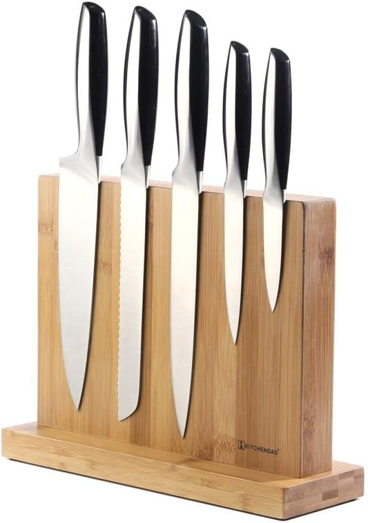 Luxury Double Sided Bamboo Magnetic Knife Block Holder without Knives with Enhanced Powerful Magnets, Cutlery Display Stand and Storage Rack Large Capacity, Easy to Reach, Easy to Clean